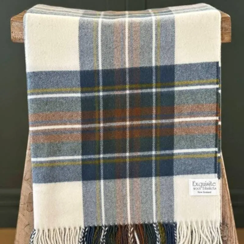 Muted Royal Stewart Merino Wool Throw 185x140cm in blue