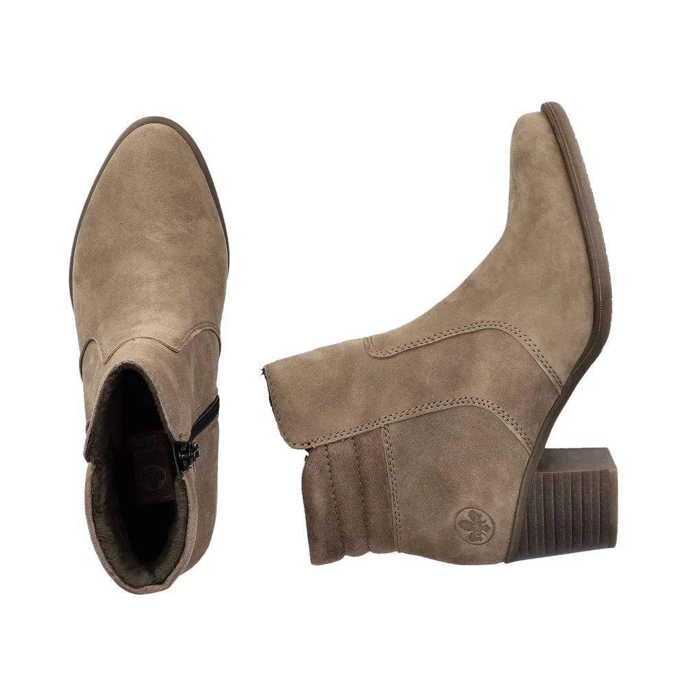 Rieker Y2058-24 Ladies Taupe Suede Side Zip Ankle Boots