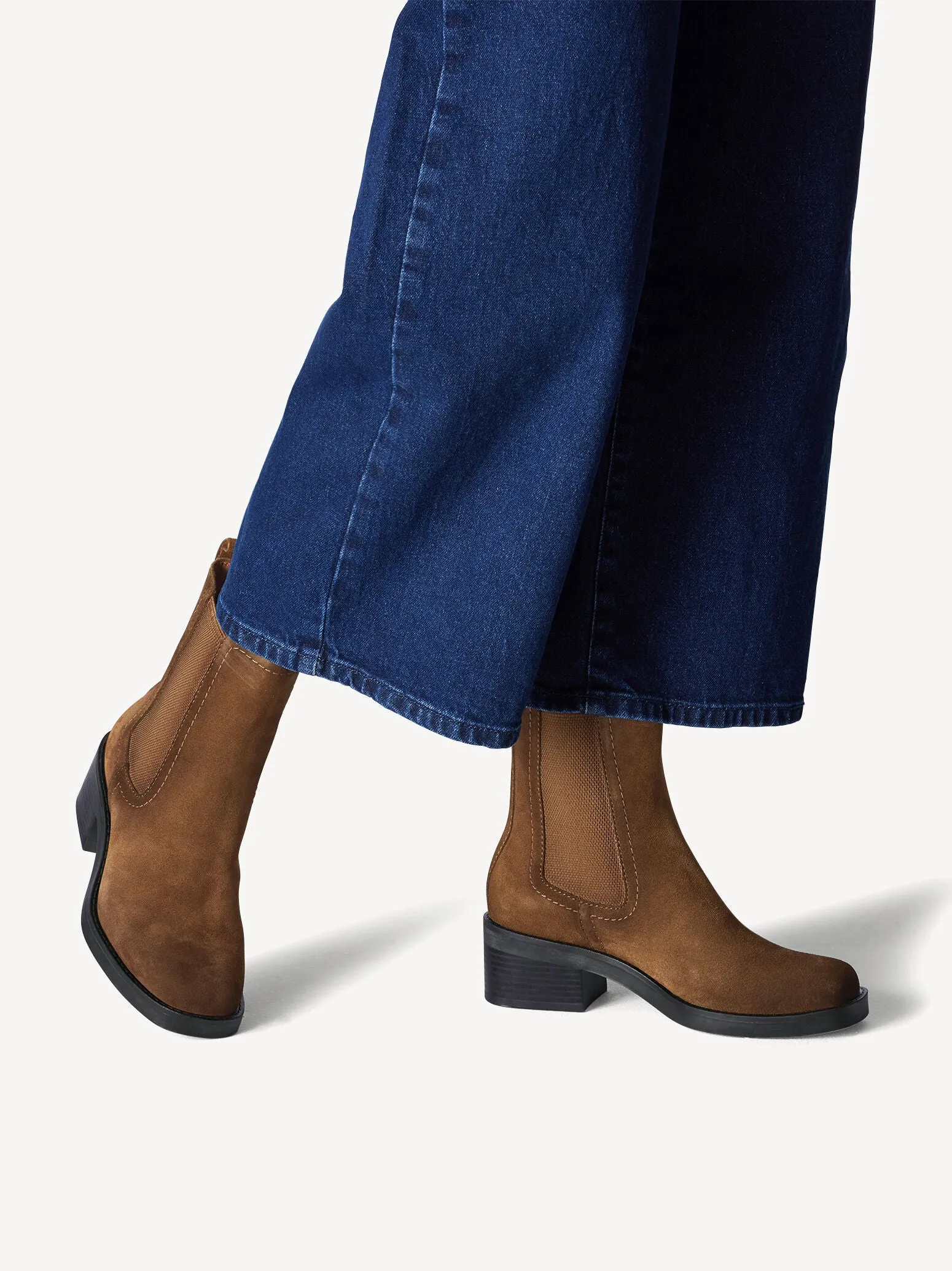 Tamaris Brown Nubuck Leather Ankle Boots with Block Heel and Elastic Panels
