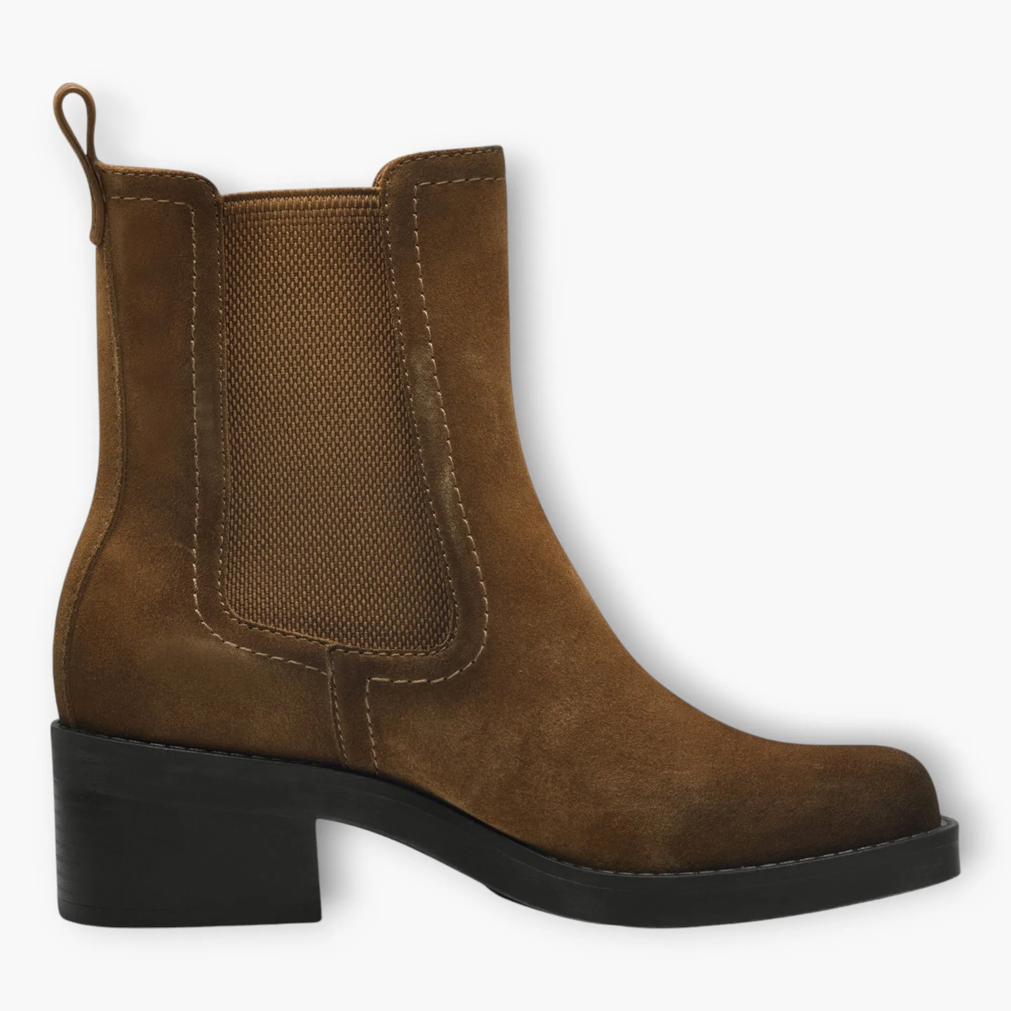 Tamaris Brown Nubuck Leather Ankle Boots with Block Heel and Elastic Panels