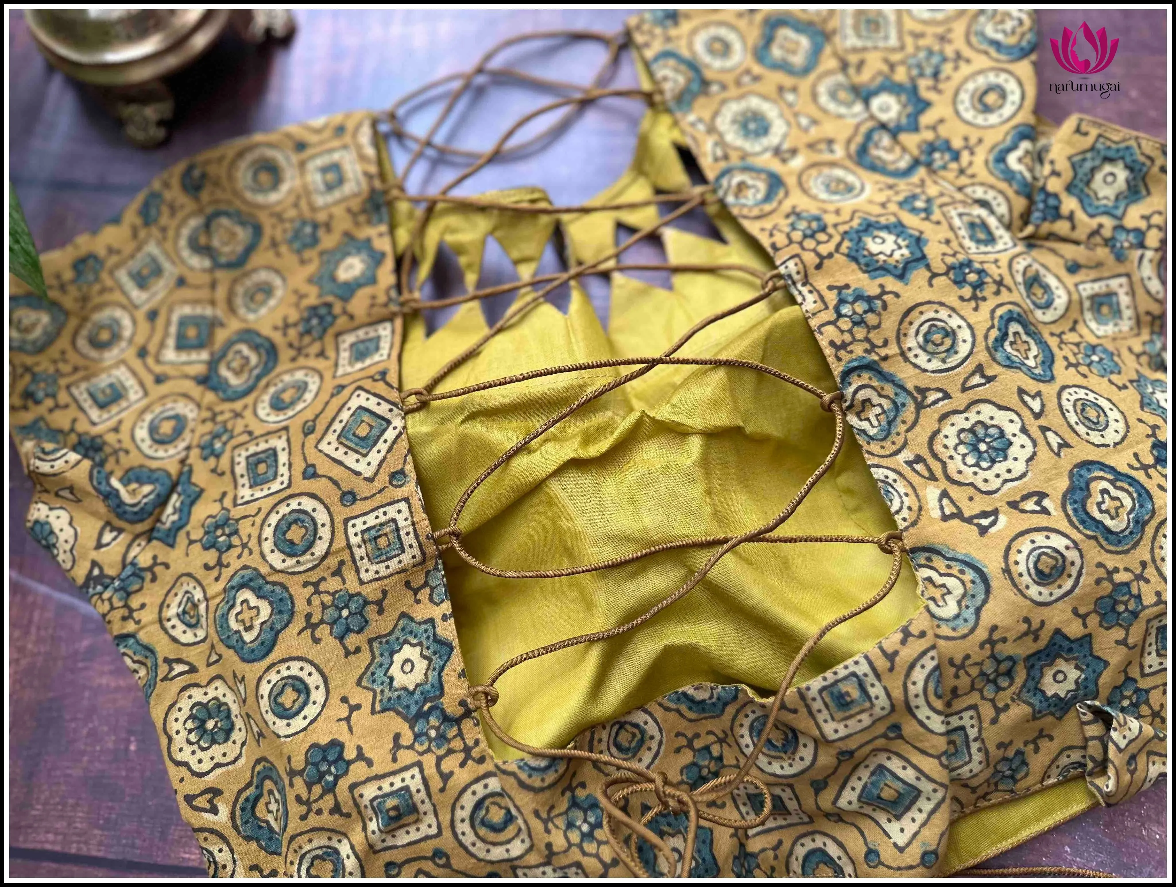 Yellowish Green Kalamkari Printed Cotton Blouse, Backless, Side Zip - Size 38