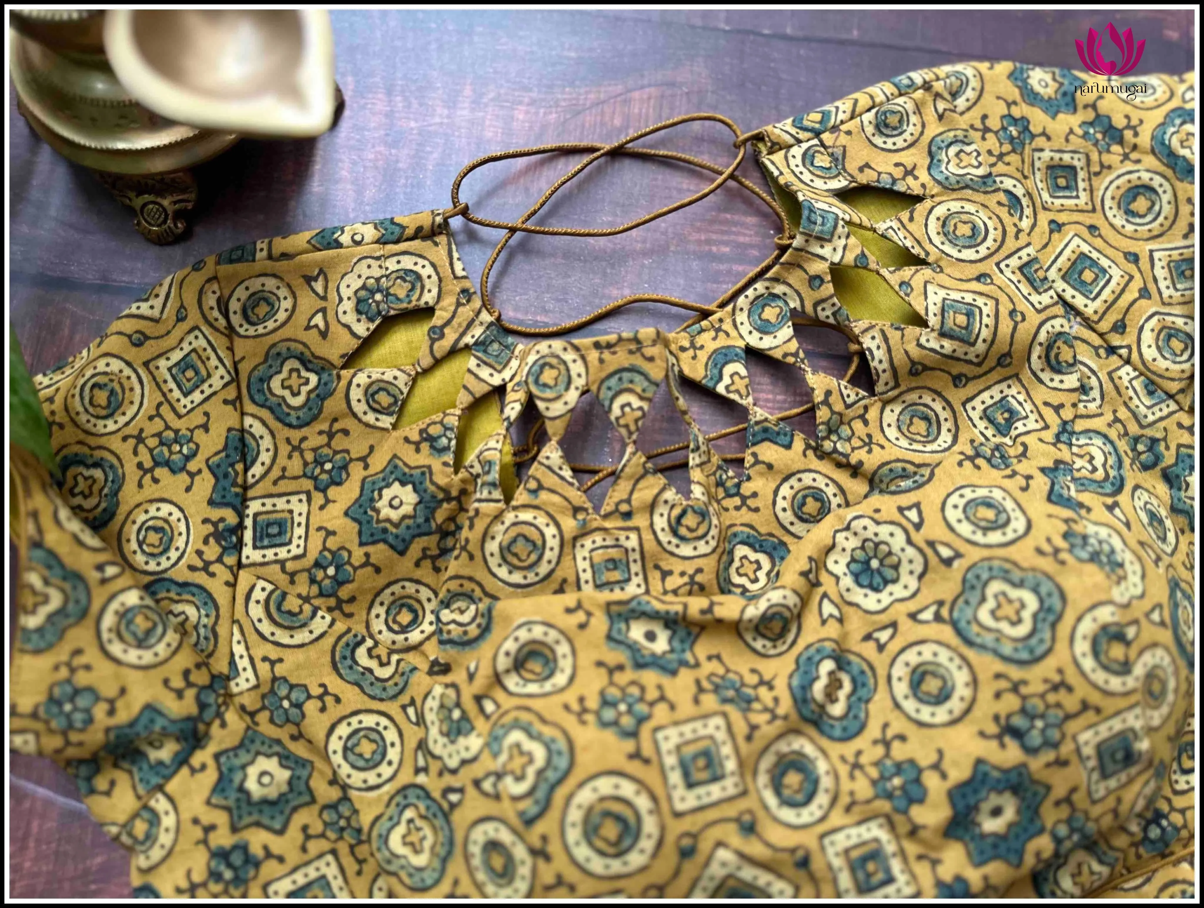 Yellowish Green Kalamkari Printed Cotton Blouse, Backless, Side Zip - Size 38