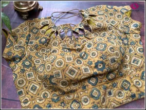 Yellowish Green Kalamkari Printed Cotton Blouse, Backless, Side Zip - Size 38